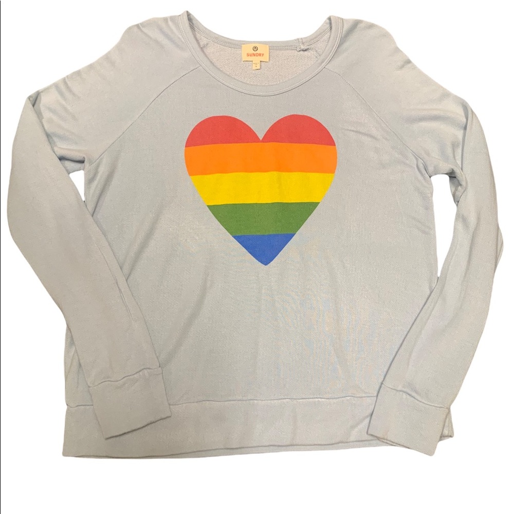 NWOT Sundry Long Sleeve Sweatshirt, Light Blue, Rainbow Heart, Size Small